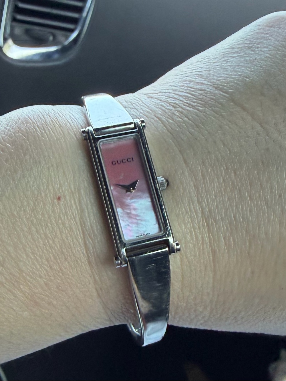 Gucci Silver Bangle Watch with Pink Mother-of-Pearl Dial fit about 5-6” wrist